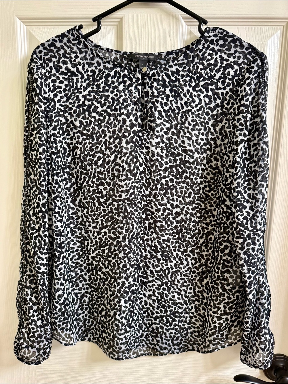 Banana Republic Sheer Black & White Leopard-Print Long Sleeve Blouse